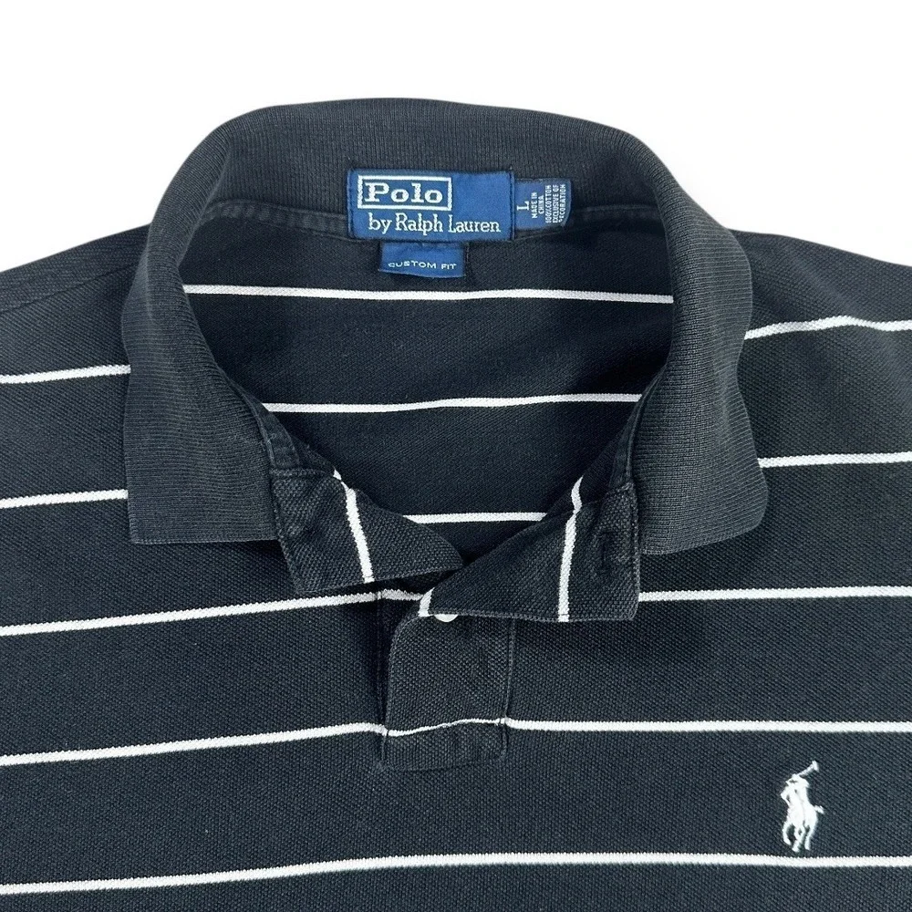 Polo Ralph Lauren Mens Custom Fit Striped Polo Shirt Black White Large Cotton